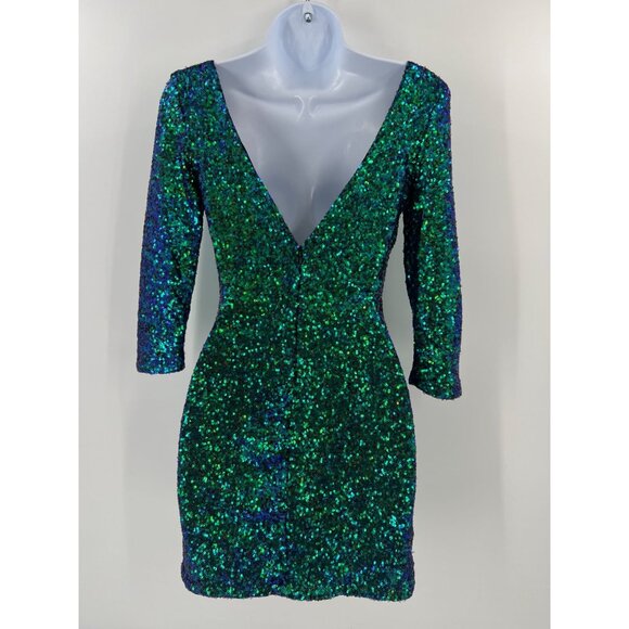 NWT AGACI S Sequin Mini Dress Green Blue Iridescent V-Neck Mermaid Bodycon - Picture 2 of 11
